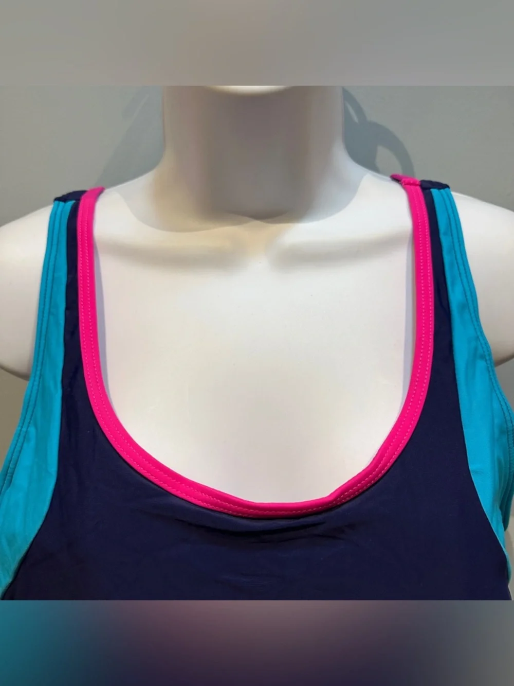 Navy Blue Athletic One-Piece Swim Suit with Turquoise & Pink Accents 2XL NWOT